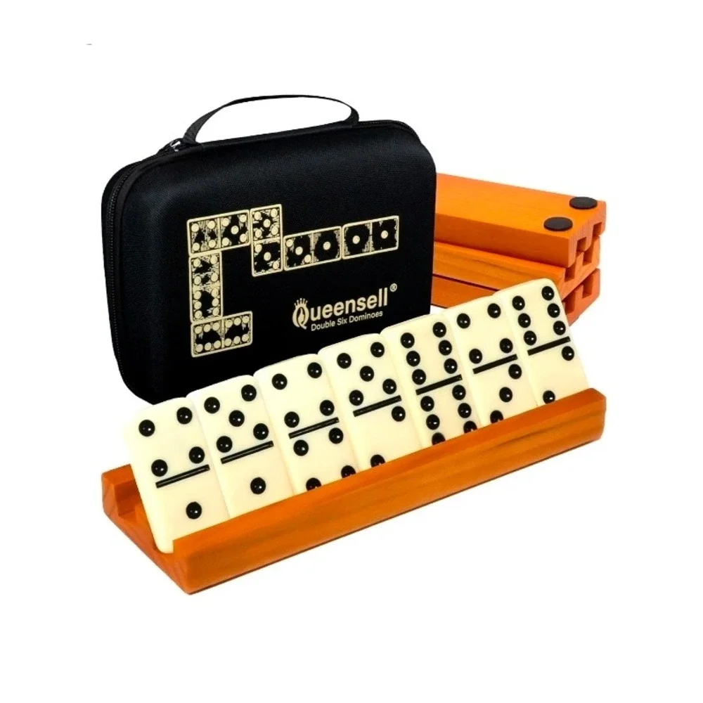Queensell Dominos Set for Adults with 4 Domino Racks- Double 6. 28 Tiles